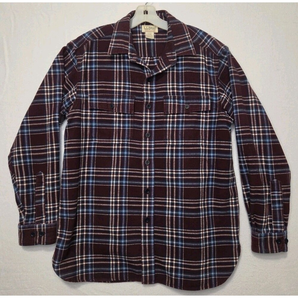 LL Bean Men's Medium Chamois Burgundy Plaid Heavyweight Flannel Shirt Button Up